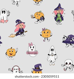 Halloween groovy pattern, funny vintage pumpkin mascots, cute little witch character