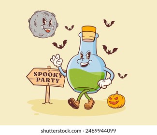 Halloween Groovy Poison Flask Retro Character. Cartoon Bottle Walking by a Pumpkin Spooky Party under Evil Moon. Vector Autumn Holiday Mascot Template. Happy Vintage Cool Illustration. Isolated