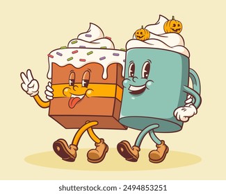 Halloween Groovy Pumpkin Cake and Coffee Retro Characters. Cartoon Sweets Cup Pudding Latte Walking and Smiling. Vector Autumn Holiday Mascot Template. Happy Vintage Cool Illustration. Isolated