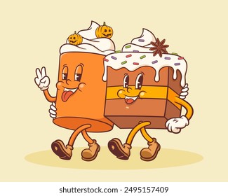 Halloween Groovy Pumpkin Cake and Coffee Retro Characters. Cartoon Sweets Cup Pudding Latte Walking and Smiling. Vector Autumn Holiday Mascot Template. Happy Vintage Cool Illustration. Isolated