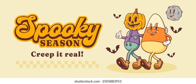 Halloween Groovy Pumpkin and Candy Corn Retro Characters. Cartoon Spooky Personage Banner. Vector Autumn Holiday Mascot Template. Happy Vintage Cool Illustration. Isolated