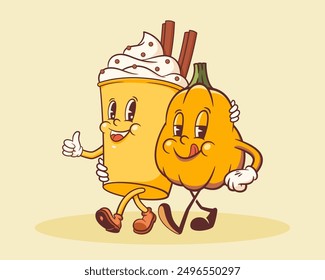 Halloween Groovy Pumpkin and Coffee Retro Characters. Cartoon Sweets Cake Latte Walking and Smiling. Vector Spooky Autumn Holiday Mascot Template. Happy Vintage Cool Illustration. Isolated