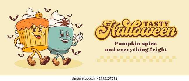 Halloween Groovy Pumpkin Cupcake and Coffee Retro Characters Banner. Cartoon Sweets Cup Latte Walking and Smiling. Vector Autumn Holiday Mascot Template. Happy Vintage Cool Illustration. Isolated