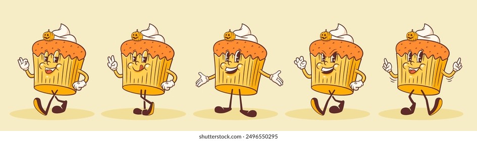 Halloween Groovy Pumpkin Cupcake Retro Characters Set. Cartoon Spooky Sweets Pie Personage Collection. Vector Autumn Holiday Food Cake Mascot Templates. Happy Vintage Cool Illustrations. Isolated