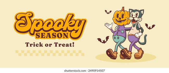 Halloween Groovy Pumpkin and Evil Cat Retro Characters. Cartoon Spooky Personage Banner. Vector Autumn Holiday Mascot Template. Happy Vintage Cool Illustration. Isolated