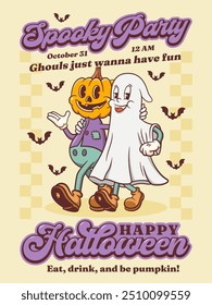 Halloween Groovy Pumpkin and Ghost Retro Characters Poster. Cartoon Spooky Personage Banner. Vector Autumn Holiday Mascot Template. Happy Vintage Cool Illustration. Isolated