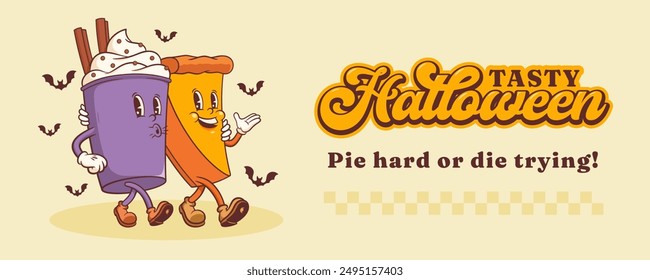 Halloween Groovy Pumpkin Pie and Coffee Retro Characters Banner. Cartoon Sweets Cup Pudding Latte Walking and Smiling. Vector Autumn Holiday Mascot Template. Happy Vintage Cool Illustration. Isolated