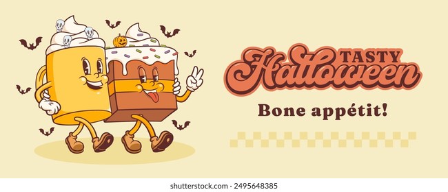 Halloween Groovy Pumpkin Pie and Coffee Retro Characters Banner. Cartoon Sweets Skull Cup Pudding Latte Walking. Vector Autumn Holiday Mascot Template. Happy Vintage Cool Illustration. Isolated