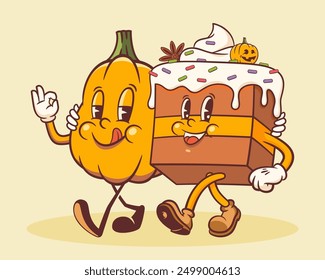 Halloween Groovy Pumpkin and Pie Retro Characters. Cartoon Sweets Cake Pudding Walking with Jack O Lantern. Vector Autumn Holiday Mascot Template. Happy Vintage Cool Illustration. Isolated