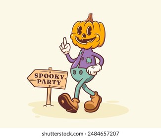 Halloween Groovy Pumpkin Retro Character. Cartoon Jack O Lantern Walking and Smiling. Vector Autumn Holiday Mascot Template. Happy Vintage Cool Illustration. Isolated