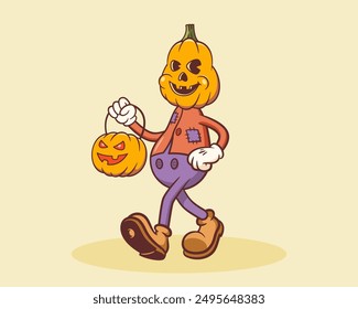 Halloween Groovy Pumpkin Retro Character. Cartoon Jack O Lantern Walking and Smiling. Vector Autumn Holiday Mascot Template. Happy Vintage Cool Illustration. Isolated