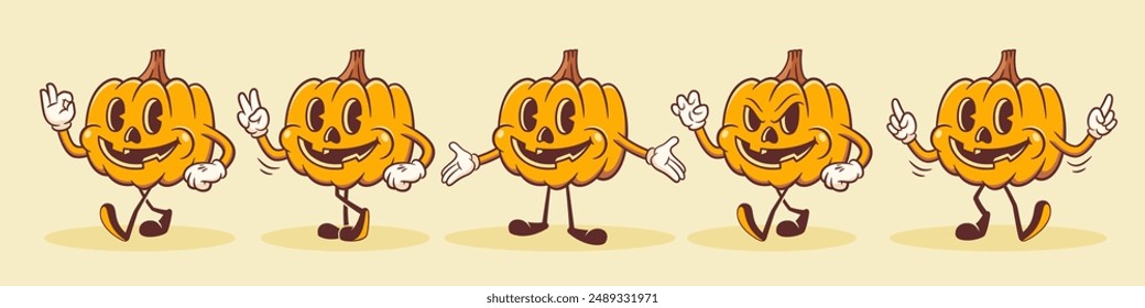 Halloween Groovy Pumpkin Retro Characters Set. Cartoon Spooky Jack O Lantern Personage Collection. Vector Autumn Holiday Mascot Templates. Happy Vintage Cool Illustrations. Isolated