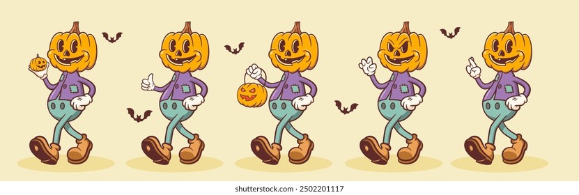 Halloween Groovy Pumpkin Retro Characters Set. Cartoon Jack O Lantern Walking and Smiling. Vector Autumn Holiday Mascot Templates Collection. Happy Vintage Cool Illustration. Isolated