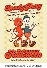 Halloween Groovy Pumpkin Skeleton and Demon Retro Characters Poster. Cartoon Spooky Personage Banner. Vector Autumn Holiday Mascot Template. Happy Vintage Cool Illustration Isolated