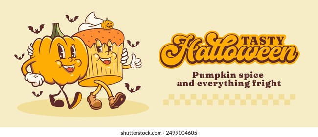 Halloween Groovy Kürbis Gewürz Cupcake Retro Zeichen Banner. Cartoon Sweets Persönlichkeit Wandern und Lächeln. Maskottchen für Vektor-Herbstferien. Happy Vintage Cool Illustration. Einzeln