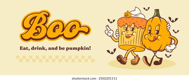 Halloween Groovy Pumpkin Spice Cupcake Retro Characters Banner. Cartoon Sweets Personage Walking and Smiling. Vector Autumn Holiday Mascot Template. Happy Vintage Cool Illustration. Isolated