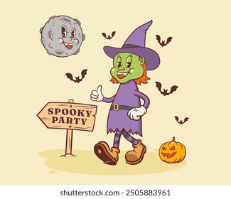Halloween Groovy Retro Character. Cartoon Witch Walking by a Pumpkin to Spooky Party under Evil Moon. Vector Autumn Holiday Mascot Template. Happy Vintage Cool Illustration. Isolated