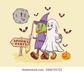 Carácter retro groovy de Halloween. Bruja de dibujos animados y fantasma caminando por una calabaza a la fiesta espeluznante bajo la luna malvada. Vector Otoño Festiva Mascota Plantilla. Feliz ilustración fresca de Antiguas. Aislado