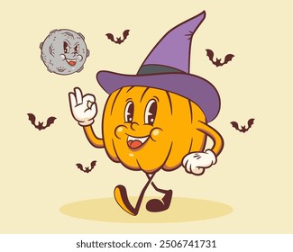 Halloween Groovy Retro Character. Cartoon Witch and Ghost Walking by a Pumpkin to Spooky Party under Evil Moon and Bats. Vector Autumn Holiday Mascot Template. Happy Vintage Cool Illustration Isolated