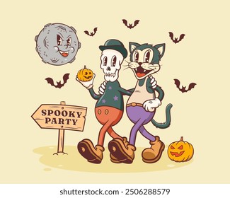 Halloween Groovy Skeleton and Cat Retro Characters. Cartoon Mascots Walking by a Pumpkin to Spooky Party under Evil Moon. Vector Autumn Holiday Template. Happy Vintage Cool Illustration. Isolated