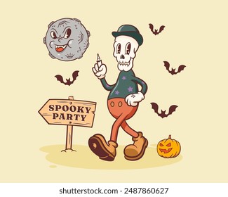 Halloween Groovy Skeleton Carácter retro. Caricatura de Scull Caminando junto a una calabaza a la fiesta espeluznante bajo la luna malvada. Vector Otoño Festiva Mascota Plantilla. Feliz Antiguas Ilustración genial. Aislado