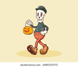Halloween Groovy Skeleton Retro Character. Cartoon Scull Walking with a Pumpkin Lantern. Vector Autumn Holiday Mascot Template. Happy Vintage Cool Illustration. Isolated