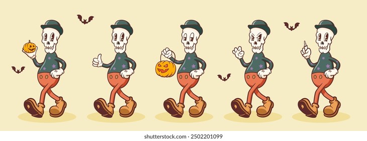 Halloween Groovy Skeleton Retro Characters Set. Cartoon Scull Walking with a Pumpkin Lantern. Vector Autumn Holiday Mascot Template. Happy Vintage Cool Illustrations Collection. Isolated