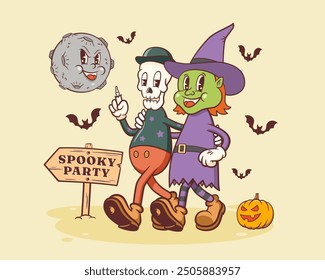Halloween Groovy Skeleton and Witch Retro Characters. Cartoon Mascots Walking by a Pumpkin to Spooky Party under Evil Moon. Vector Autumn Holiday Template. Happy Vintage Cool Illustration. Isolated