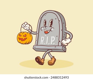 Halloween Groovy Tombstone Pumpkin Retro Character. Cartoon Jack O Lantern Walking and Smiling. Vector Autumn Holiday Mascot Template. Happy Vintage Cool Illustration. Isolated