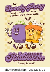 Halloween Groovy Witch Boiler Cauldron and Pumpkin Spice Cupcake Retro Character Poster. Cartoon Pot Walking with Bats. Vector Autumn Holiday Mascot Template. Happy Vintage Cool Illustration. Isolated