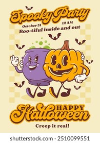 Halloween Groovy Witch Cauldron and Pumpkin Retro Character Poster. Cartoon Pot Walking and Bats. Vector Autumn Holiday Mascot Template. Happy Vintage Cool Illustration. Isolated