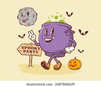 Halloween Groovy Witch Cauldron Retro Character. Cartoon Pot Walking by a Pumpkin to Spooky Party under Evil Moon. Vector Autumn Holiday Mascot Template. Happy Vintage Cool Illustration. Isolated