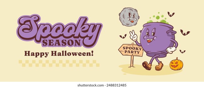 Halloween Groovy Witch Cauldron Retro Character Banner. Cartoon Pot Walking by a Pumpkin and Evil Moon. Vector Autumn Holiday Mascot Template. Happy Vintage Cool Illustration. Isolated