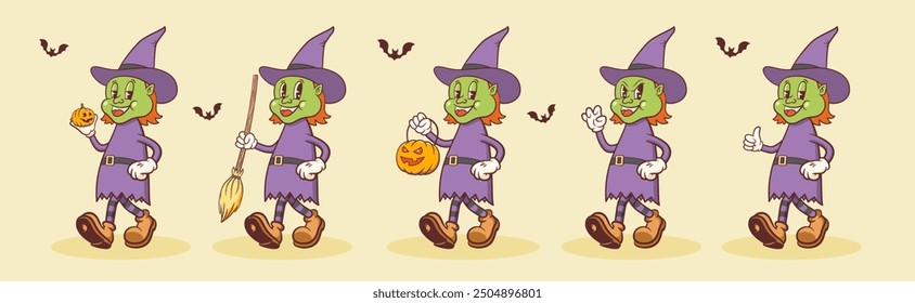 Halloween Groovy Witch with Pumpkin Retro Characters Set. Cartoon Sorceress with Broom Walking and Smiling. Vector Autumn Holiday Mascot Templates Collection. Happy Vintage Cool Illustration. Isolated