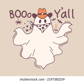 Halloween grost cowboy colors illustration. Vector hand drawn halloween cute ghost in cowboy hat and bandanna and Boo holiday text for card print or design.