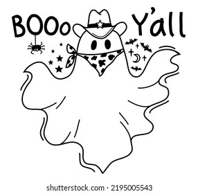 Halloween muestra de vaquero. Halloween de halloween de mano vector lindo fantasma con sombrero de vaquero y bandanna y texto de vacaciones de Boo aislado en blanco para impresión o diseño