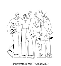 Halloween group of happy people celebrating holiday. Friends at creepy October festival celebration with pumpkin and costumes. 