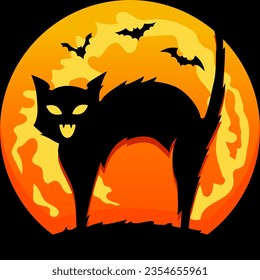 Halloween growl black cat moon graveyard in the black