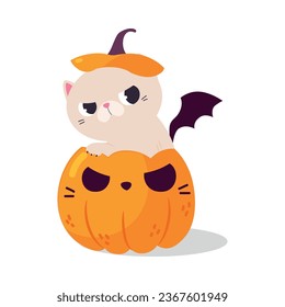 Halloween with Grumpy Cat Sitting in Pumpkin Vector Illustration