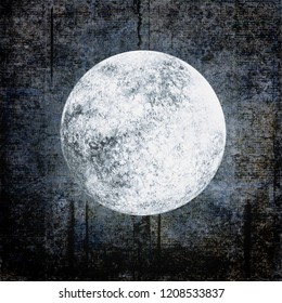 Halloween grunge background with full moon on dark spooky night cloudy sky. Halloween, horror and astrology concept. Space for text.