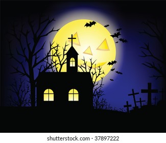Halloween grunge background with grass bat and hunting house