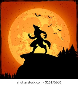 Halloween grunge background with werewolf and orange moon, illustration.