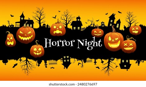 Halloween grunge banner with scary pumpkins and town silhouette. Vector background with moonlit creepy cityscape shrouded in darkness, haunted houses, gnarled trees and bats set stage at horror night