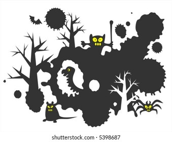 Halloween grunge black background with spots, monsters and trees.