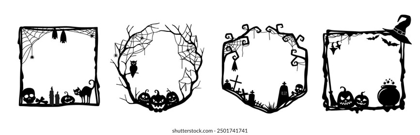 Halloween grunge black frames of holiday horror night with pumpkins cemetery, vector silhouettes. Halloween trick or treat border frames with witch hat, potion cauldron, tombstone skull and bats