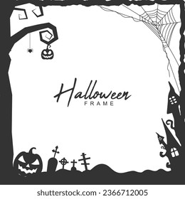 Halloween grunge frame border with creepy tree and haunted house