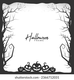 Halloween grunge frame with halftone dead tree and spider net