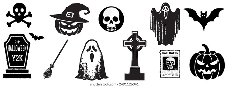 Halloween grunge icon collection featuring skulls, ghosts, pumpkins, and witch hats. Vector illustration in halftone design for banner or poster, grunge coquette y2k collage design