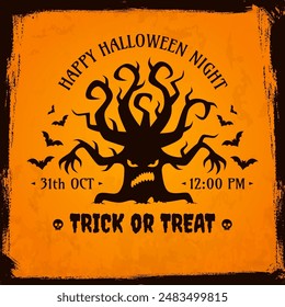 Halloween grunge poster with scary tree. Vector invitation flyer for chilling trick or treat night party. Menacing, gnarled monster and flying bats silhouettes invite for spine-tingling celebration