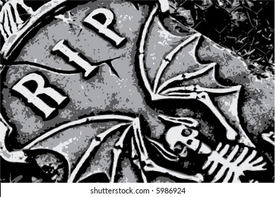 halloween grunge RIP bat skeleton wings on tombstone (vector)